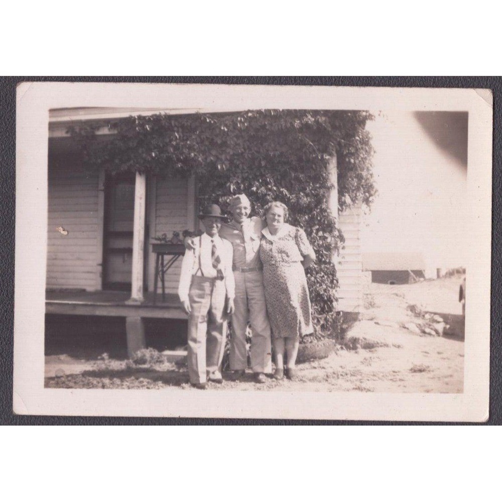 WWII Soldier Garrison Cap Family Snapshot Photo 1940s Original 3.7x2.6